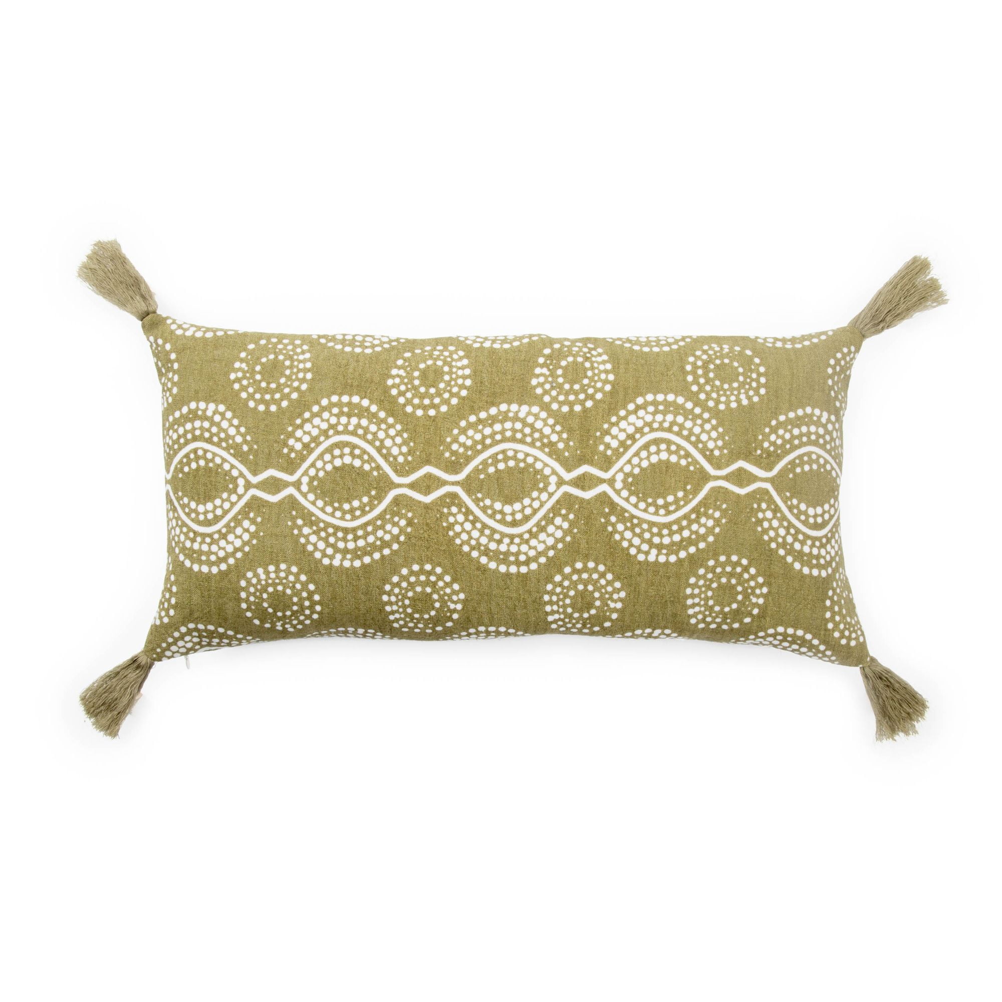 21" Green and White Contemporary Rectangular Throw Pillow with Tassels