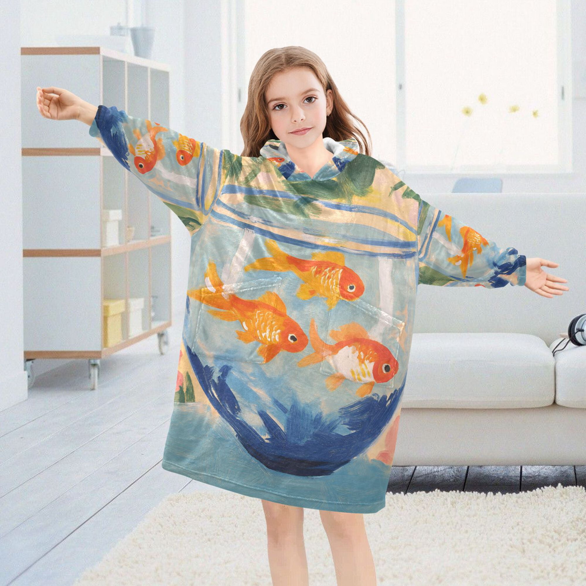 FORMRS Wearable Blanket Hoodie with Sleeves for Kids Cozy Flannel Sweatshirt, Blue Goldfish Bowl