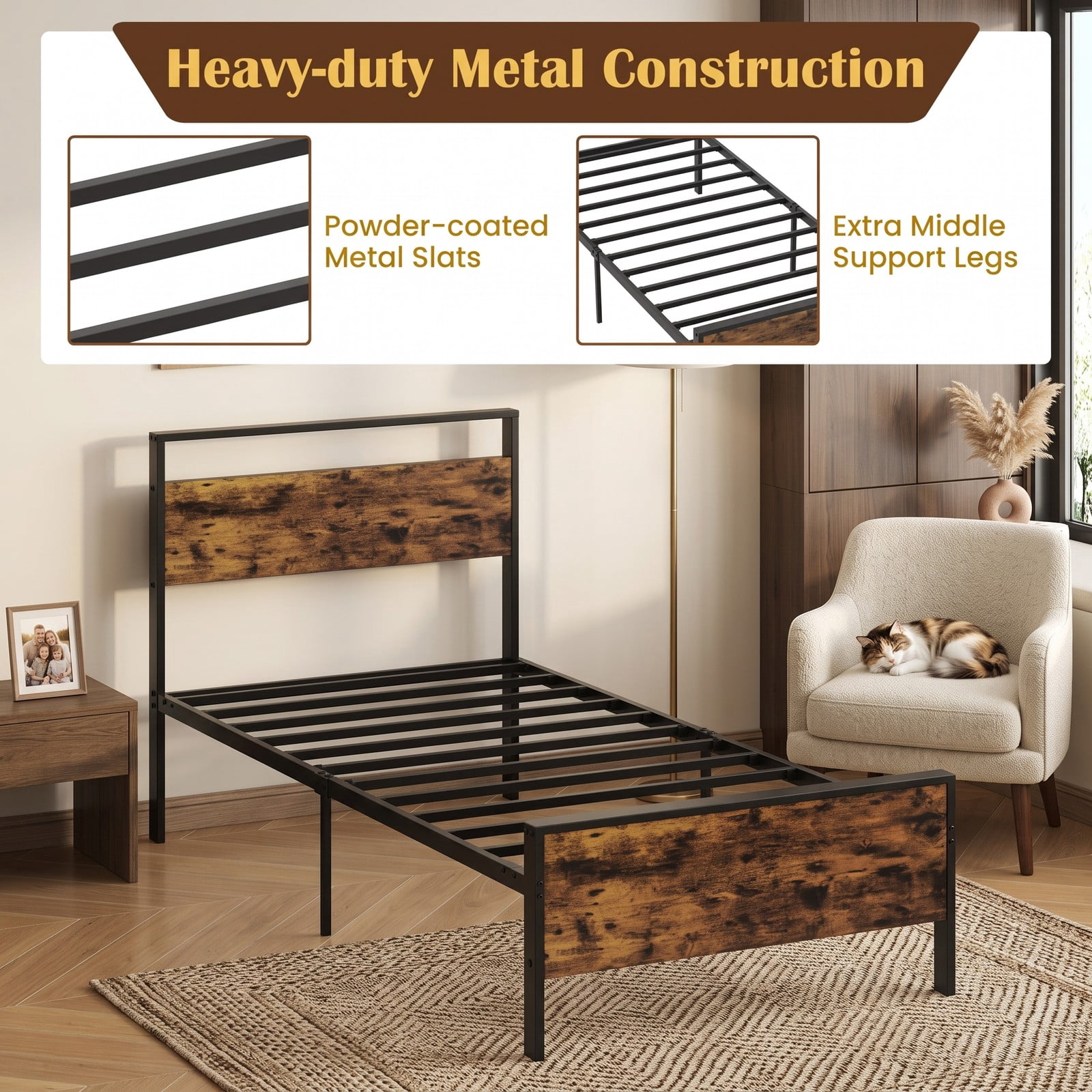 Furnibear Twin Metal Bed Frame Industrial Platform Bed with Wooden Headboard and Under Bed Storage Space for the Bedroom, Rustic Brown
