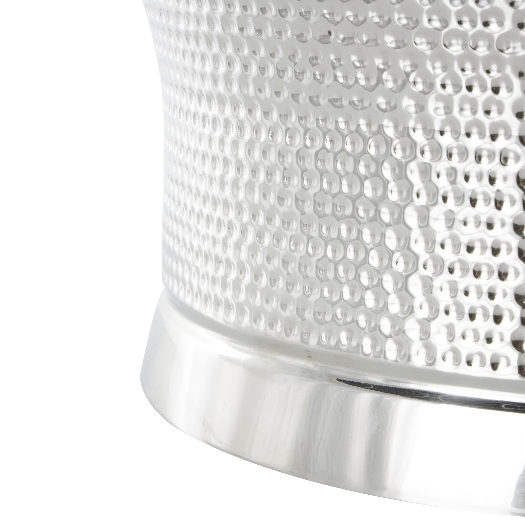 DecMode Round Stainless Steel Metal Hammered Silver Ice Bucket with Brown Leather Handles