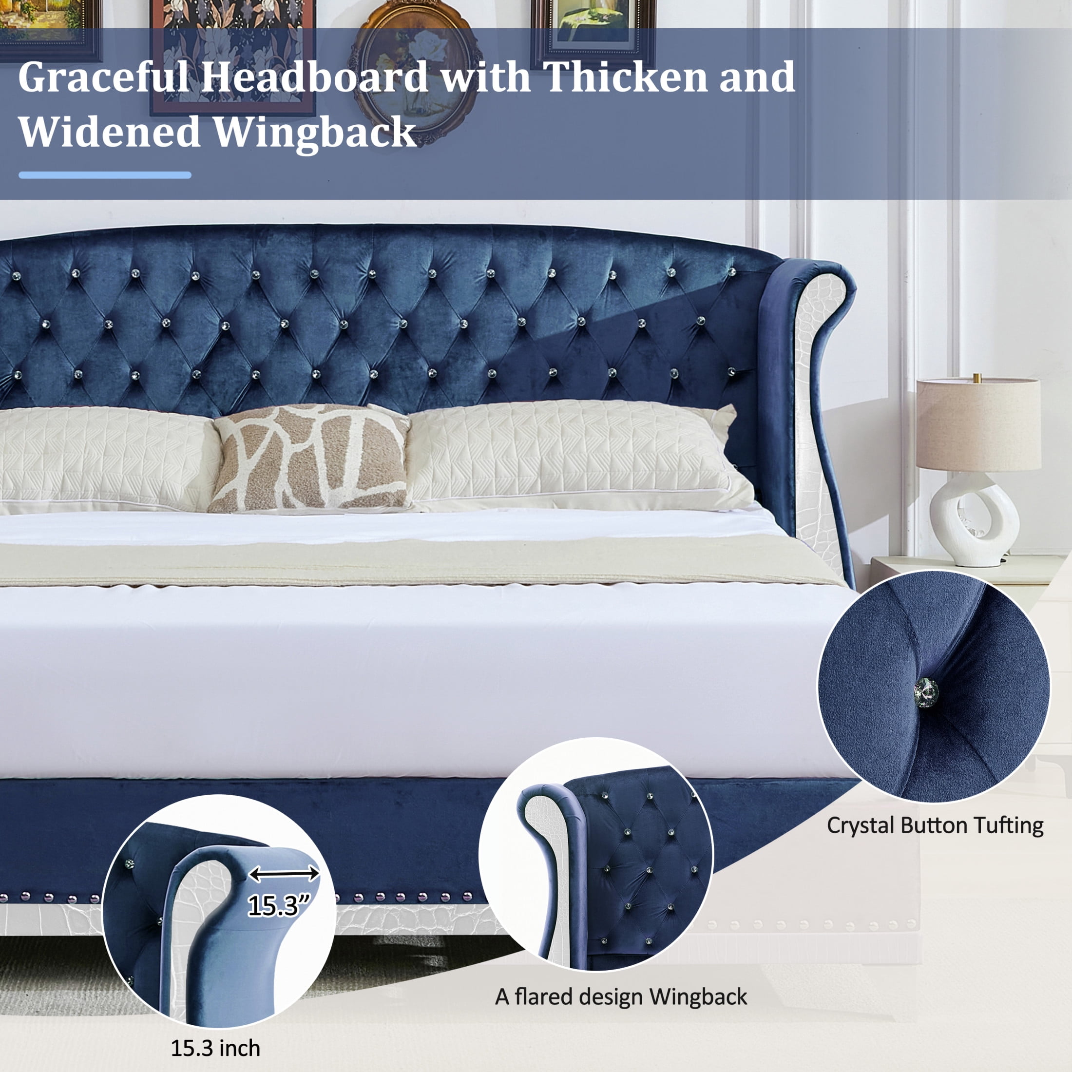 Christopher Knight Home King Velvet Platform Bed Frame with Nailhead Trim, Button-Tufted Wingback Headboard, Blue