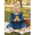 thumbnail image 4 of BemeyourBBs Newborn Baby Girl Denim Romper Dress Outfits Jeans Smocked Dress Cute Girls Spring Summer Clothes Casual Long Sleeve Bodysuit Bow Headband 2 Pcs Set, 4 of 8