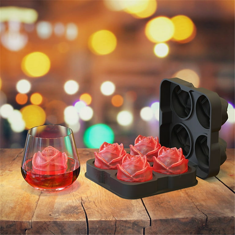 Baofu 2.5inch Rose Shaped Ice Cube Tray Maker Makes Four Easy Release Ice Ball Maker Novelty Drink Tray for Chilled Drinks, Black