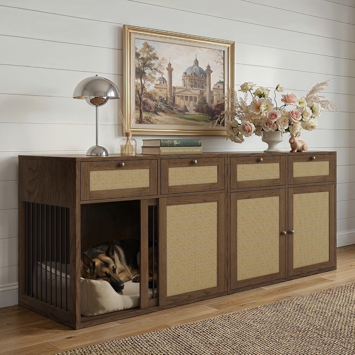 PureCozy 80 Inch Large Dog Crate Furniture Dark Oak Left Unit Spacious Indoor Kennel with Sliding Metal Door Cane Storage Cabinet and 2 Drawers Multi-Use Console for Living Room