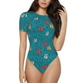 thumbnail image 2 of Uemuo Funny Cat Blue Pattern Women's One Piece Short Sleeve Swimsuit Rash Guard Surfing Modest Quick-drying Swimsuit Beach Essentials-, 2 of 9