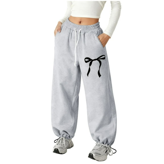 Girls' Straight Leg Jogger Sweatpants Drawstring High Waisted Baggy Joggers Pnats Cute Bow Printed Sports Pants with Pockets, Light Gray 11-12Y
