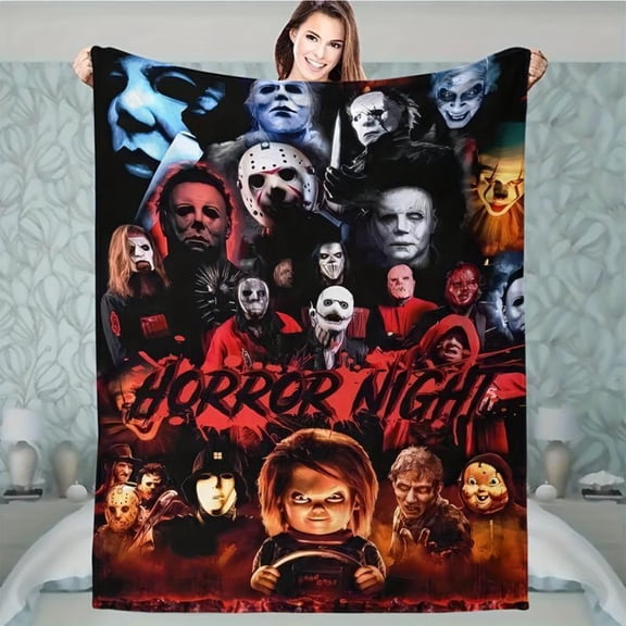 [60x50inch] Soft Funny Throw Blanket Cozy Cabin Style Horror Movie Theme Flannel Warm,Washable,Digital Print,Geometric Pattern,All Seasons Perfect For Sofa,Bed,Office,Travel Halloween Decoration