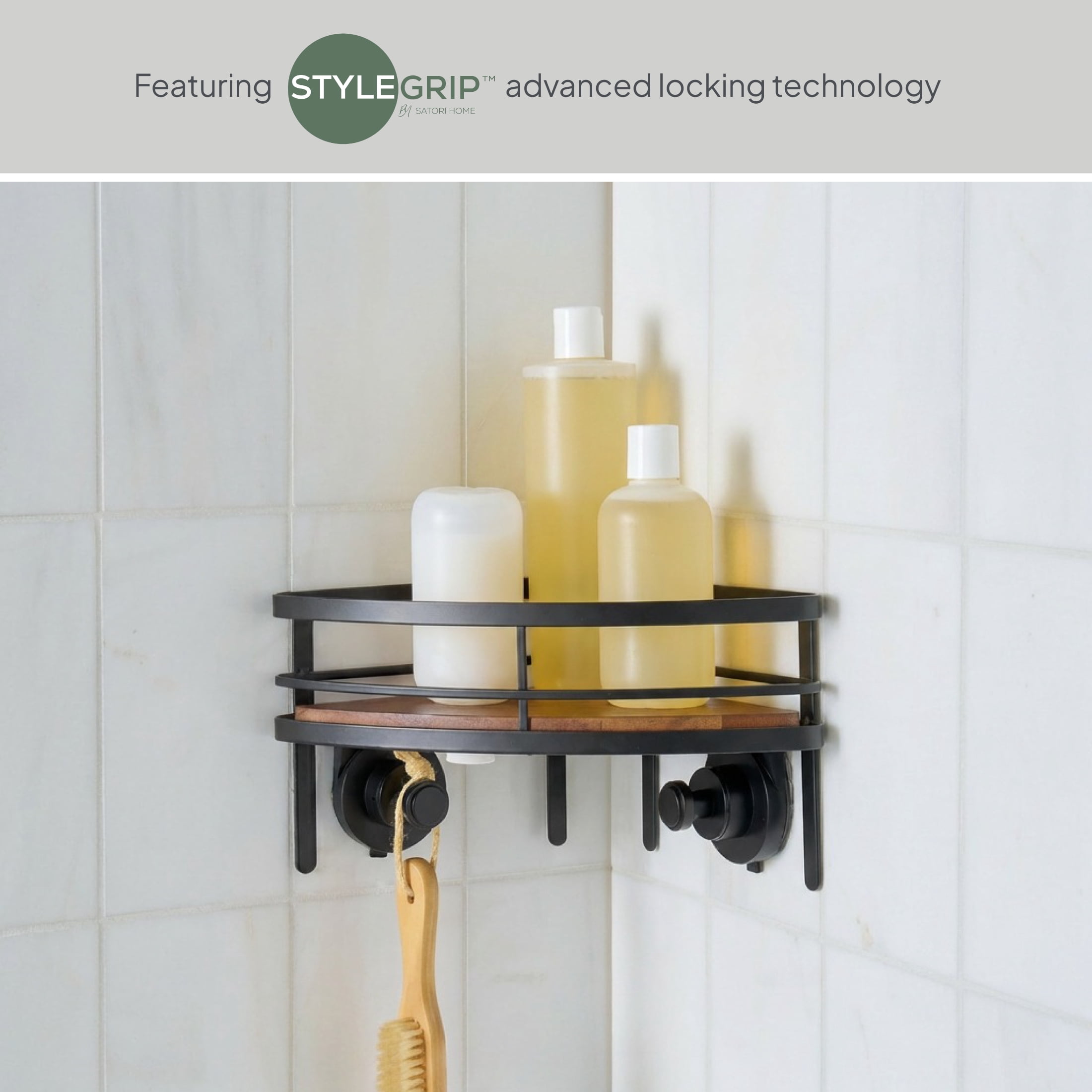 Better Homes & Gardens StyleGrip™ Corner Suction Mount Shower Caddy with Carbonized Acacia Wood Tray, Matte Black