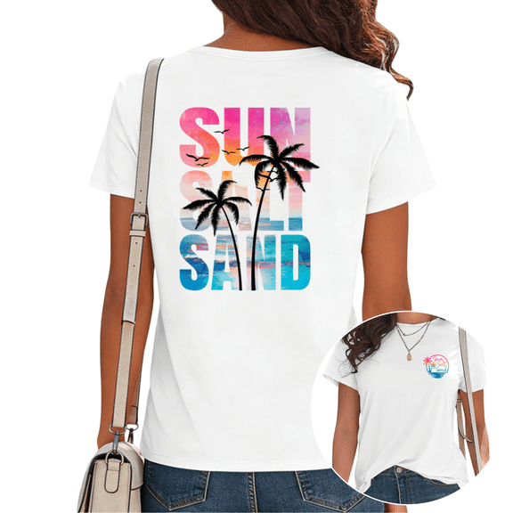Sun Salt Sand Palm Tree Beach Graphic Tees T-shirt Fashion and Comfortable Short Sleeve Round Neck White S-5XL
