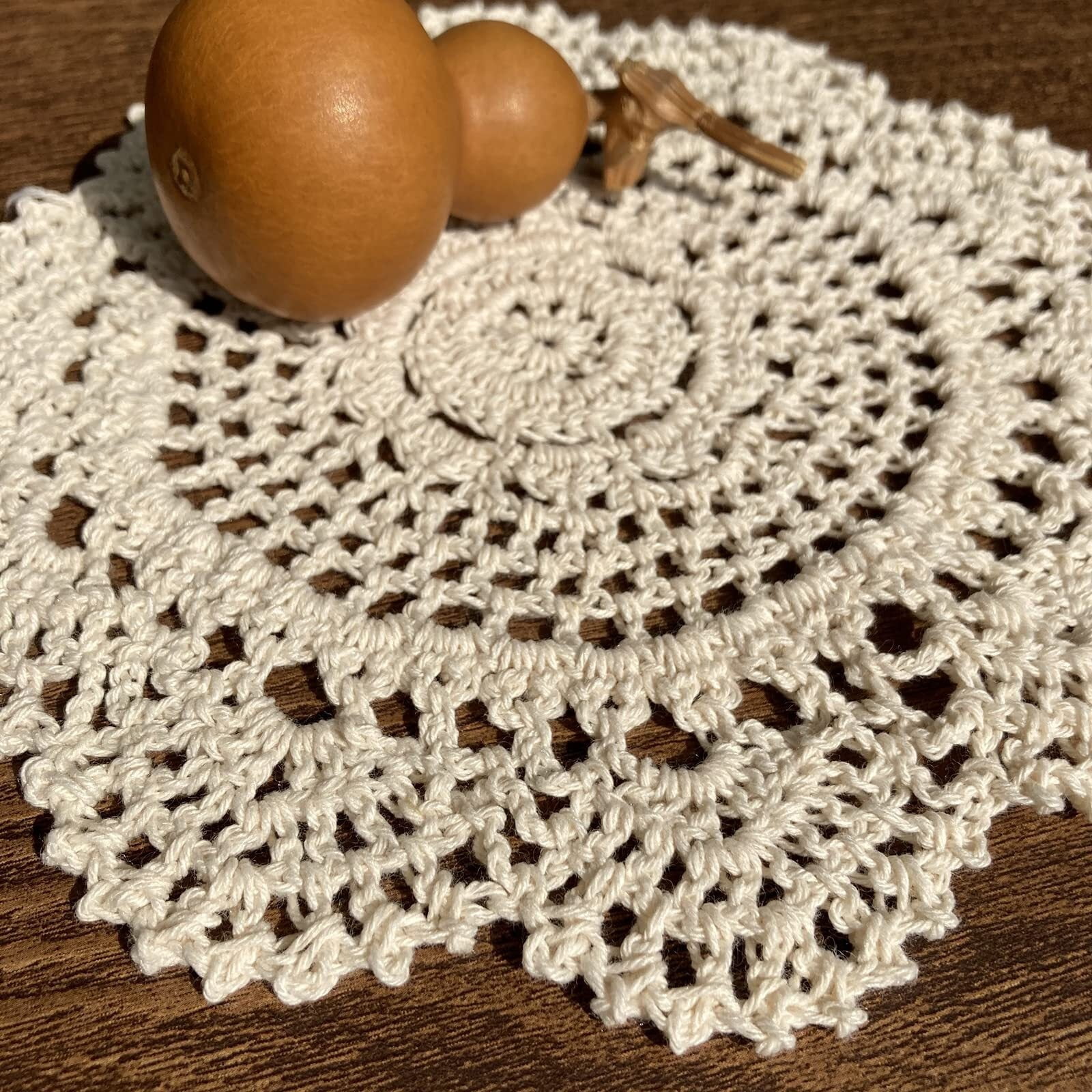 Beige Round 8 inch Crocheted Cotton Doily Floral Design Fabric Doilies Pack,Set of 2 Dollies Crochet Table Place Mats for Christmas Table Decoration
