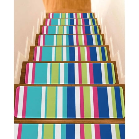 Blue Green Striped Stair Treads for Wooden Steps Indoor Runner Rug Carpet Geometric Abstract Art Aesthetic 7 Pieces Peel and Stick Staircase Step Treads Covers Washable Throw Door Mats 30 x8