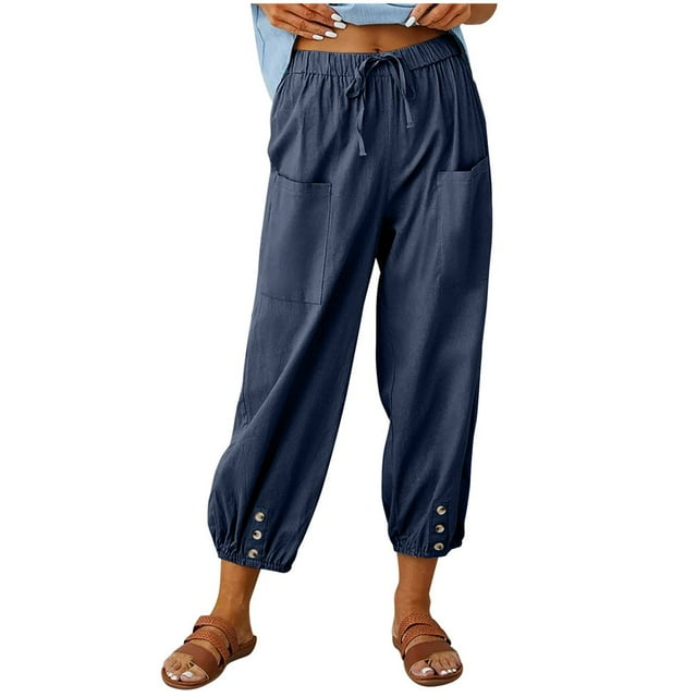 Women‘s Cotton Linen Pants Drawstring Elastic Waist Capri Pants Lounge Pants with Pockets