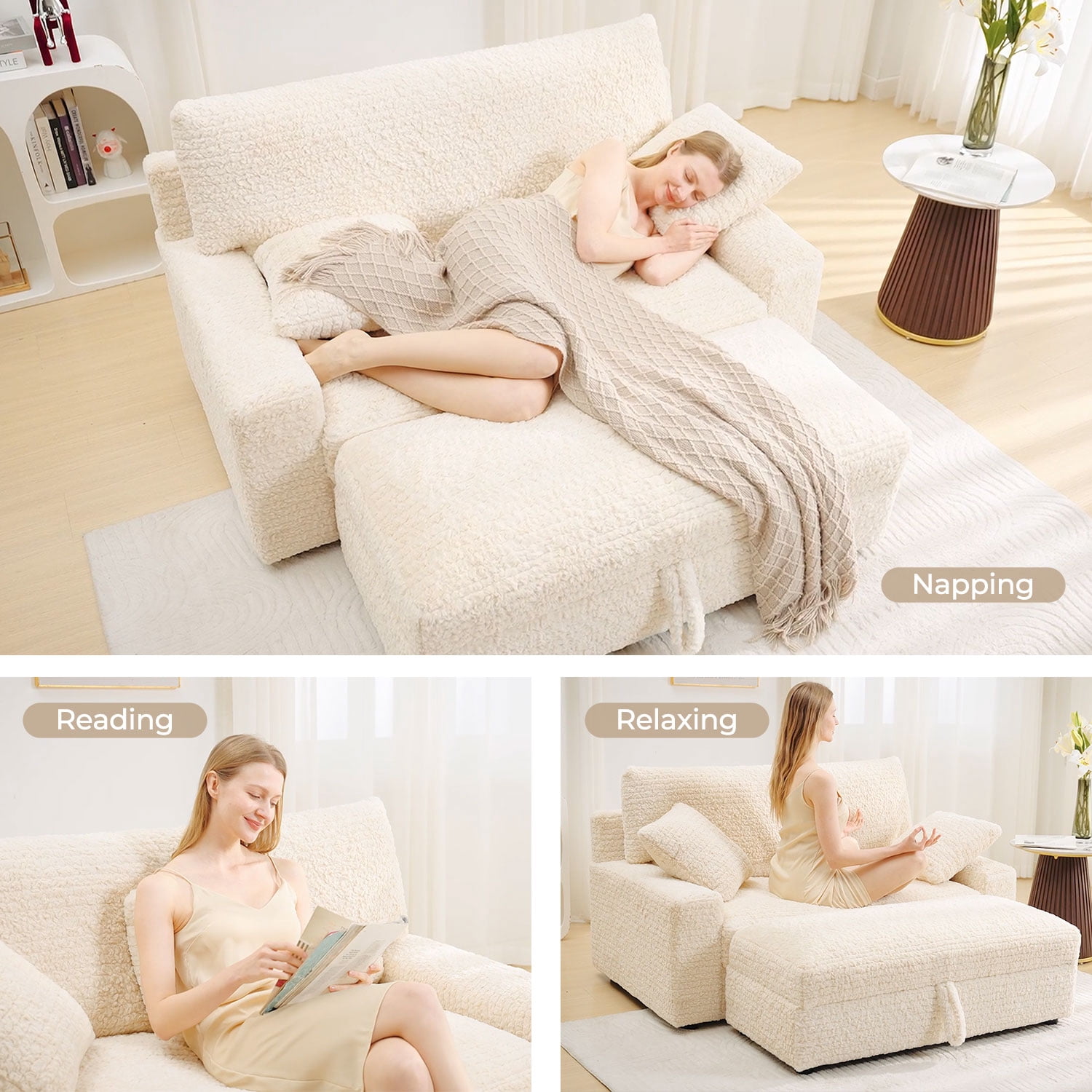 Boucle Oversized and Convertible Sleeper Loveseat with Storage Ottoman and Pillows, Beige