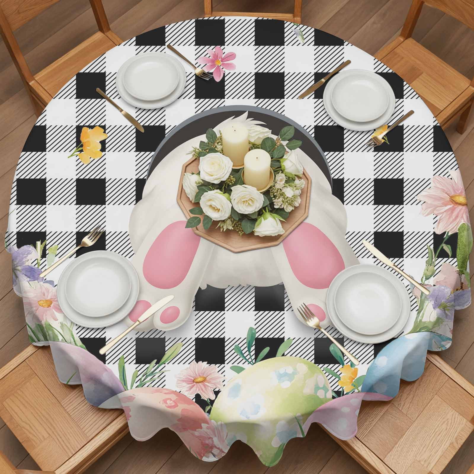 Round Tablecloth Easter Bunny Tail Waterproof Oil Proof Polyester Table Cloth Cover Decor for Home Dining Outdoor,Patio,Parties, 54" Dia. Color Eggs Spring Flowers Black White Plaid