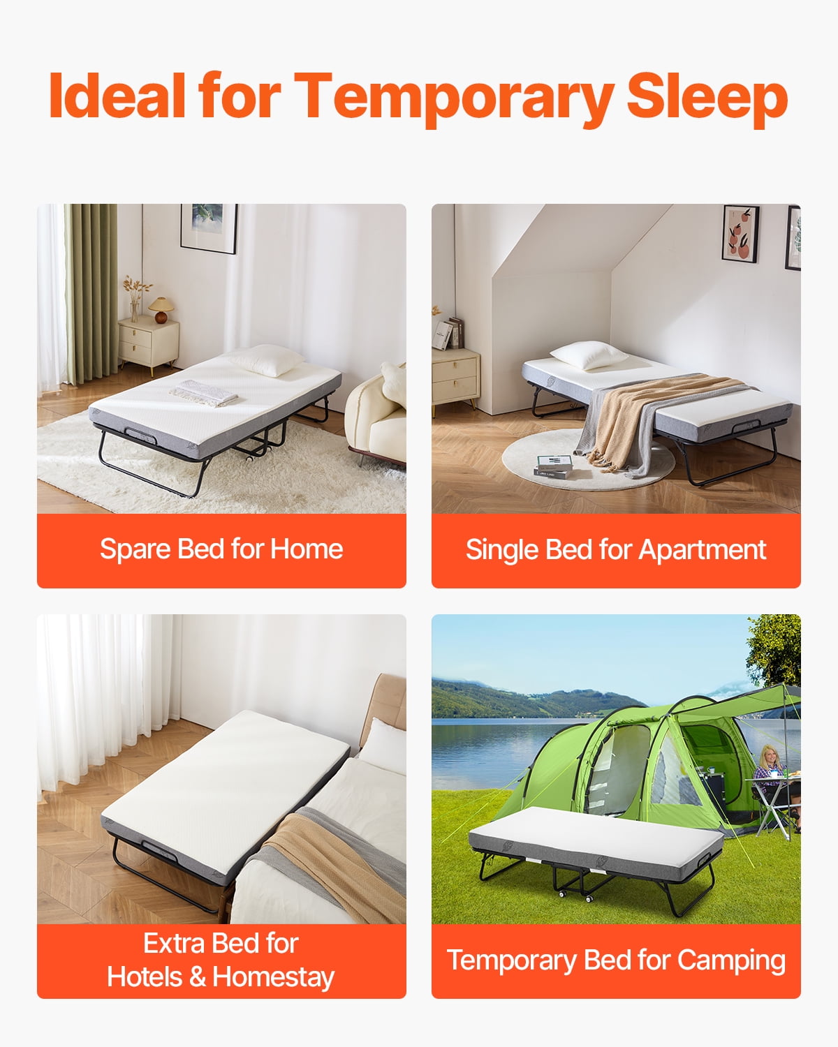 KFFKFF Rollaway Bed, 38 in x 75 in Folding Bed with 5 in Mattress, Twin Size Foldable Bed with Durable Metal Frame & Memory Foam Mattress, Portable Twin Roll Away Bed with Mattress, for Adults, Guest
