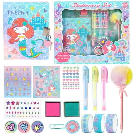 YOYTOO Mermaid Diary with Lock and Keys for Girls, Unicorn Stationery Set with Diary Stamps Stickers Pens Unicorn Journal Notebook for Kids Ages 4-12