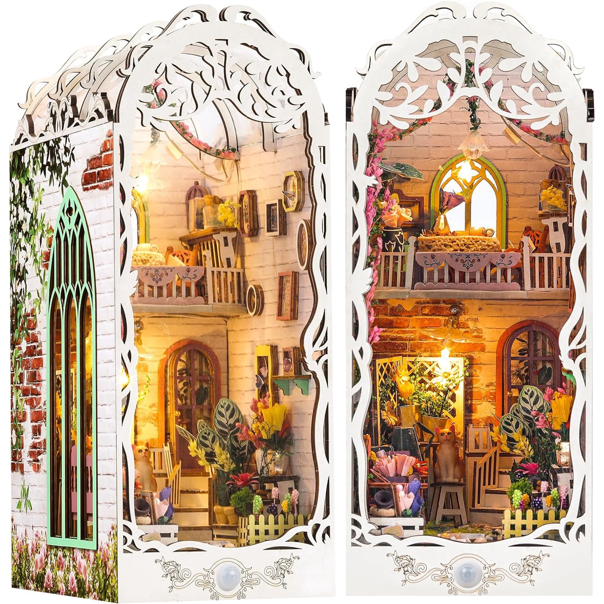 DIY Book Nook Kit - Bookend Diorama with LED - 3D Wooden Puzzle DIY Miniature House Kits - Bookshelf Insert Decor - Booknook Dollhouse Crafts Hobbies Gifts for Adults (Garden House)