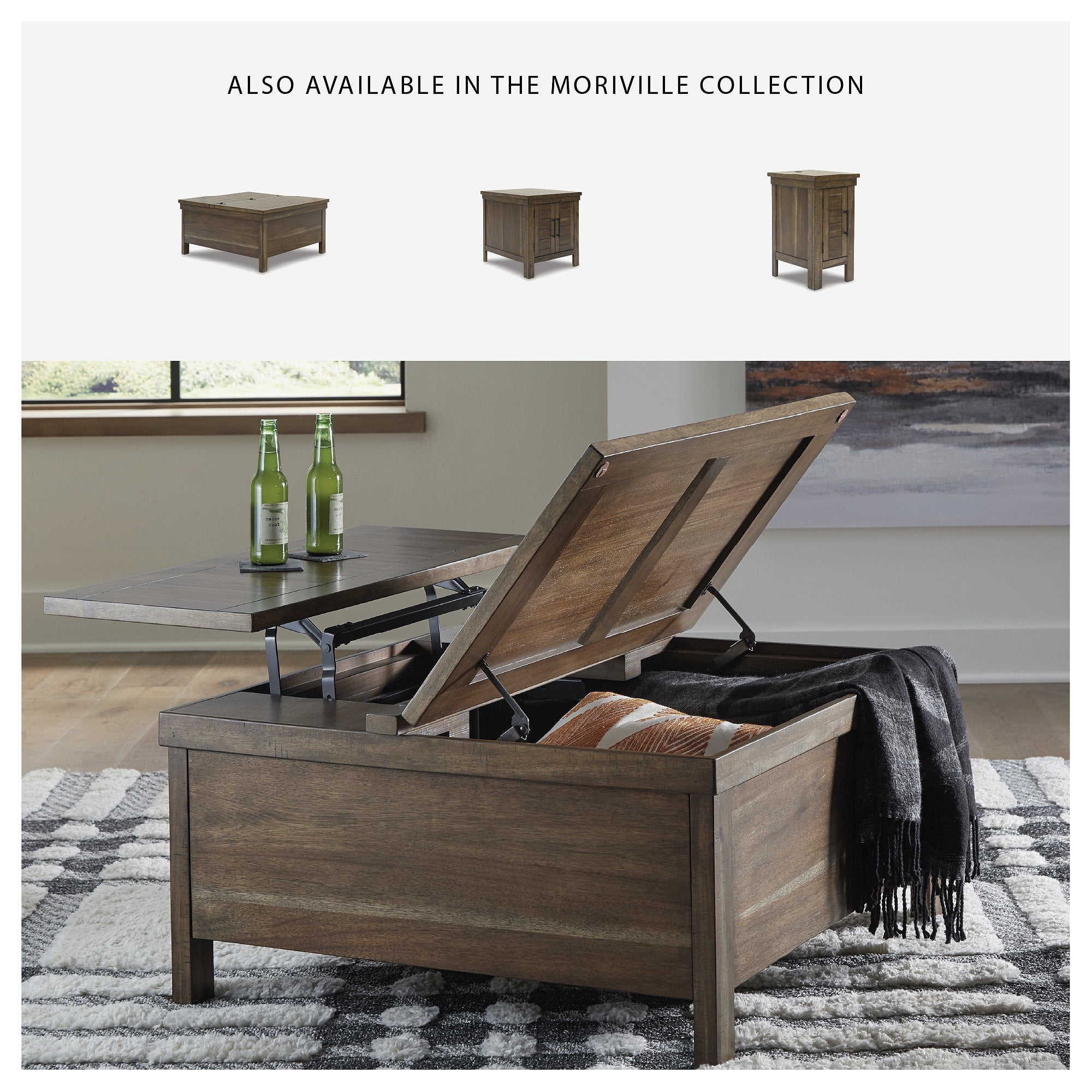 Signature Design by Ashley Moriville Rustic Hinged and Lift Top Cocktail Table with Hidden Storage, Light Brown