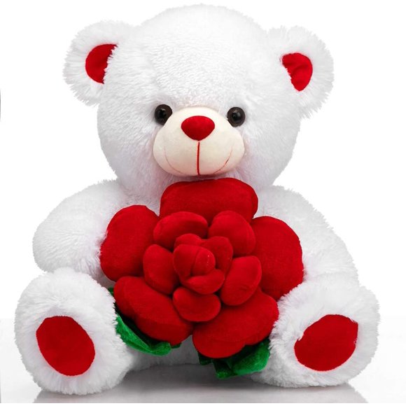 Teddy Bear Stuffed Animals Plush Bear Holding Rose Soft Plush Toy Valentine's Day, 16 Inch, White
