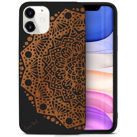 Case Yard Wooden Case for iPhone-12-Mini Soft TPU Silicone cover Slim Fit Shockproof Wood Protective Phone Cover for Girls Boys Men and Women Supports Wireless Charging Half Mandala Design