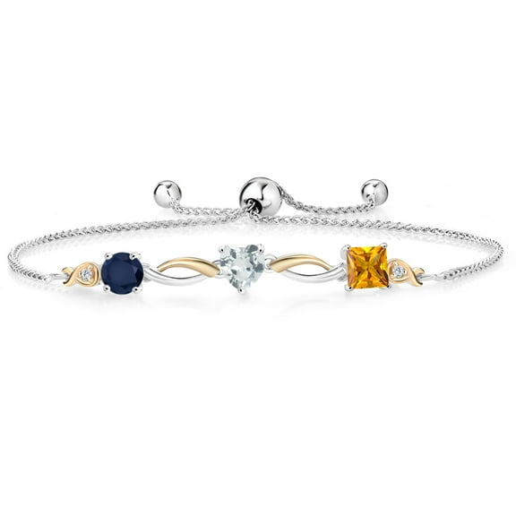 Gem Stone King Keren Hanan 1.93 Ct Blue Sapphire Sky Blue Aquamarine 925 Silver and 10K Yellow Gold Lab Grown Diamond Bracelet for Women