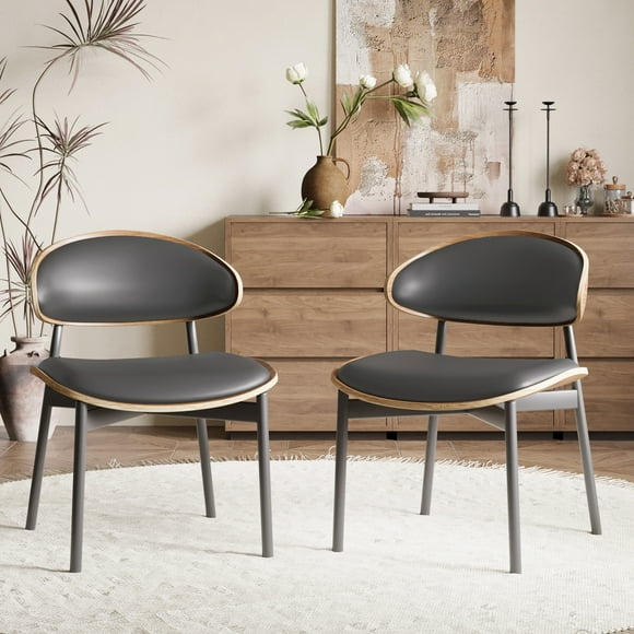 NessCarsti Modern Faux Leather Dining Chairs, Set of 2, Mid Century, Black Metal Legs, Black Finish