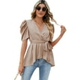 thumbnail image 2 of Yesfashion Women Dressy Deep V Neck Belted Tie Peplum Tops Empire Waist Wrap Blouse Puff Short Sleeve Shirt, 2 of 5
