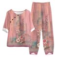 thumbnail image 2 of Edvintorg Matching Sets for Women Cotton Linen Summer Vintage Printed Half Sleeve Round Neck Cropped Top + Casual Pants Sets Two Piece Lounge Set M, 2 of 5