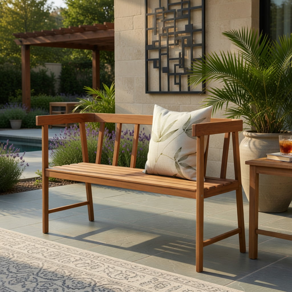 Hommoo Eucalyptus Wood Outdoor Bench with Backrest & Armrests, 2-Person Garden Patio Bench, Natural