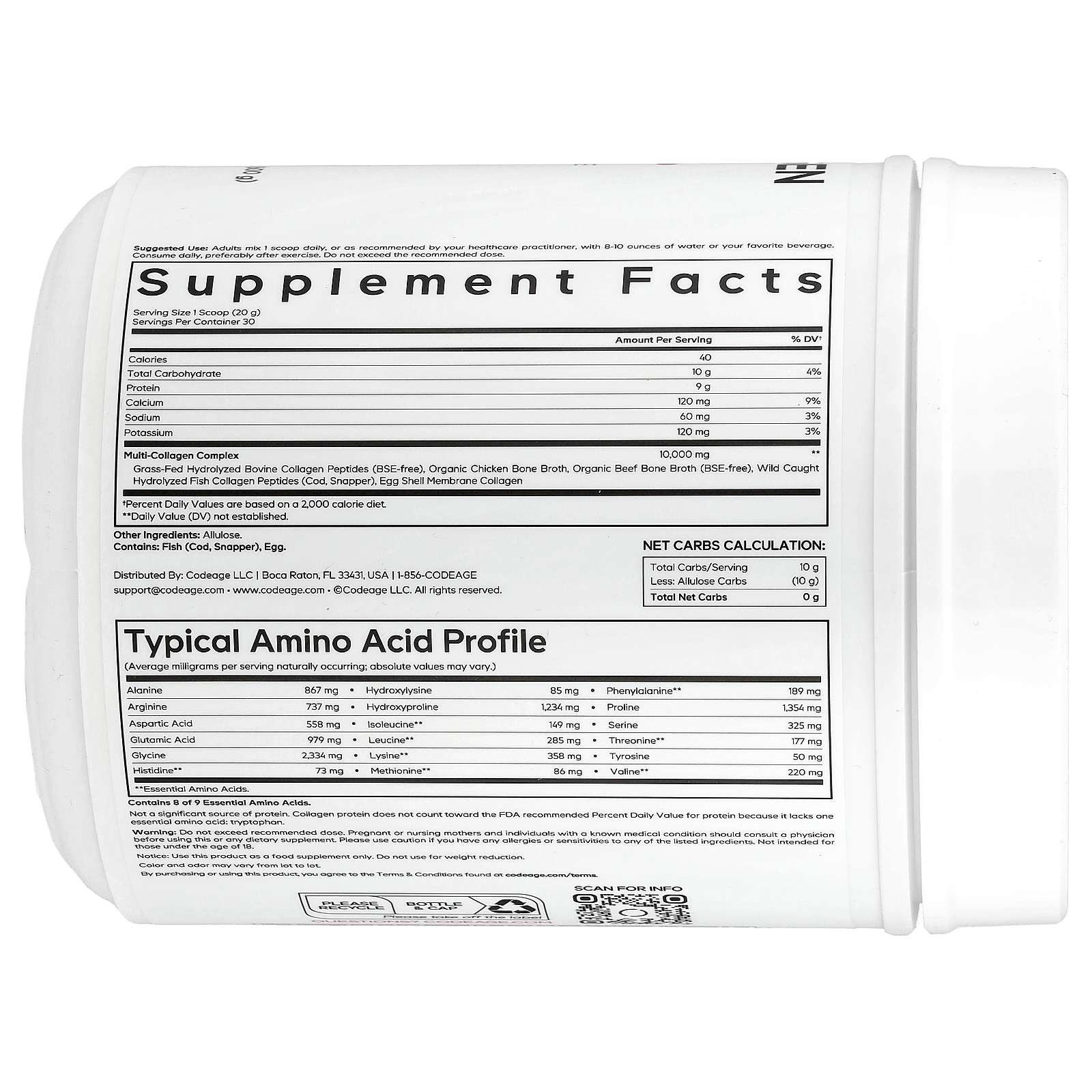 Codeage Multi Collagen Peptides Allulose, Unflavored, 21.16 oz (600 g)