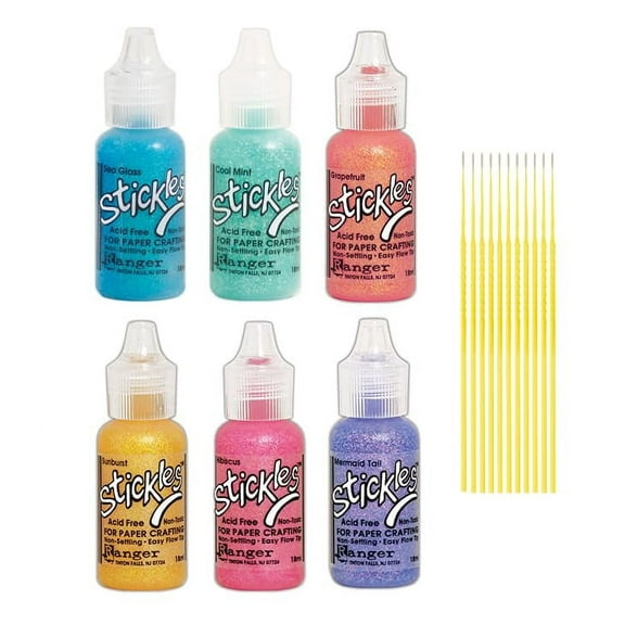 Glitter Glue Bundles - 6 Stickles .5 oz Glitter Glue Bottes with Trebbies Fine Detail Sticks (SEA Glass Collection)