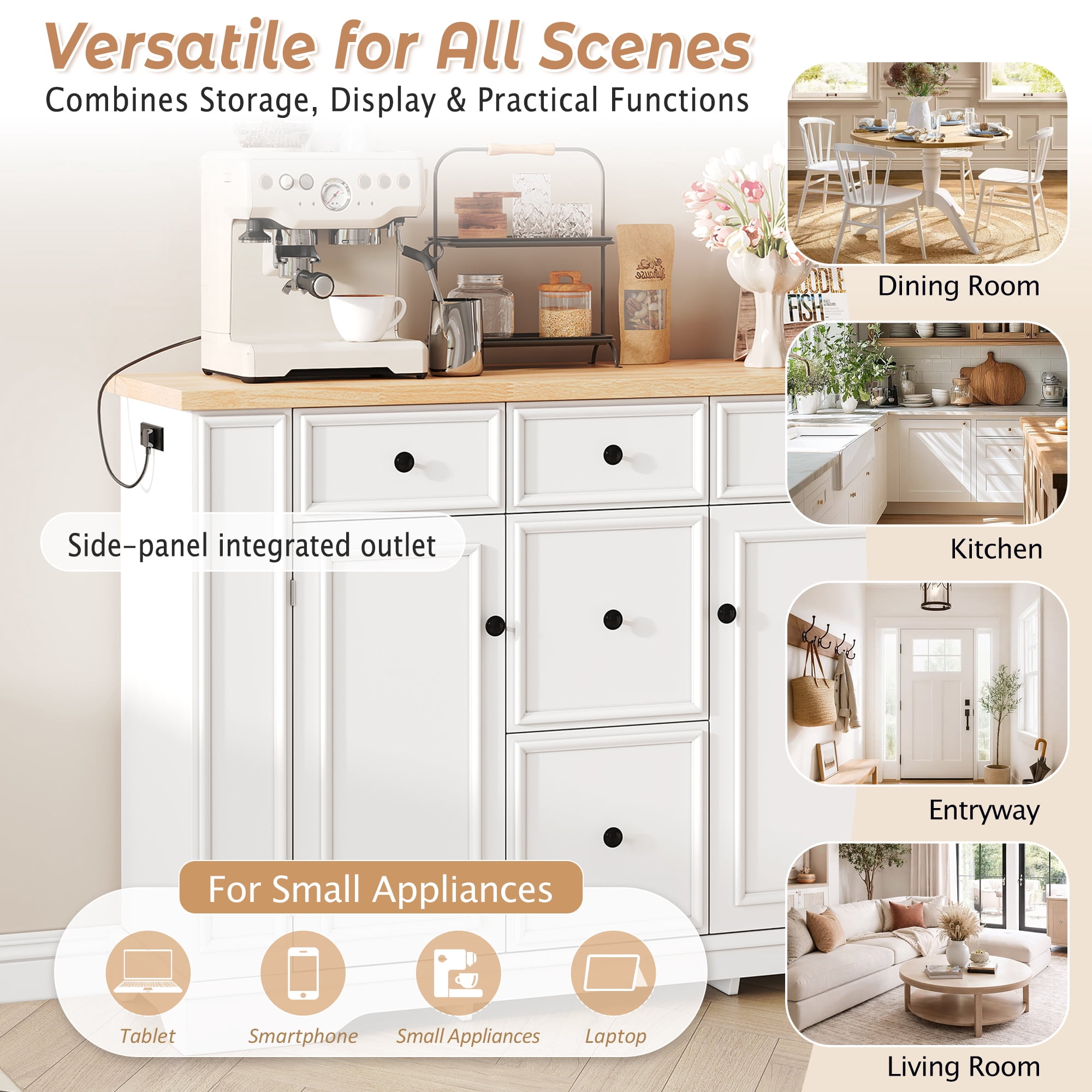 Euroco 51.2" Sideboard Buffet Cabinet with Storage, Modern Kitchen Console Table with 5 Drawers, 2 Cabinets & Adjustable Shelves, Wooden Coffee Bar for Dining Room, Living Room, Entryway,White