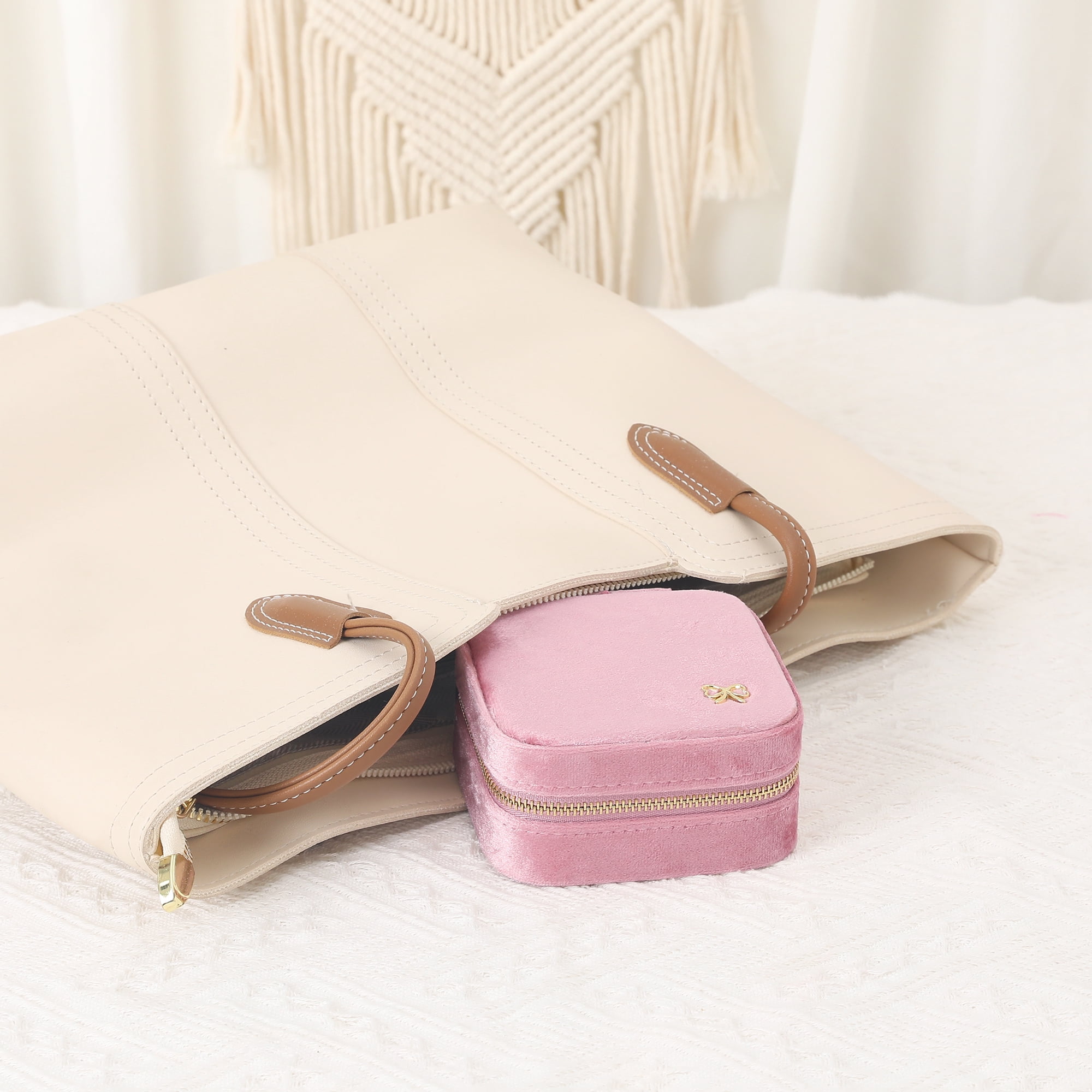 Unique Bargains Velvet Portable PU Leather Organizer Jewelry Box with Mirror Pink