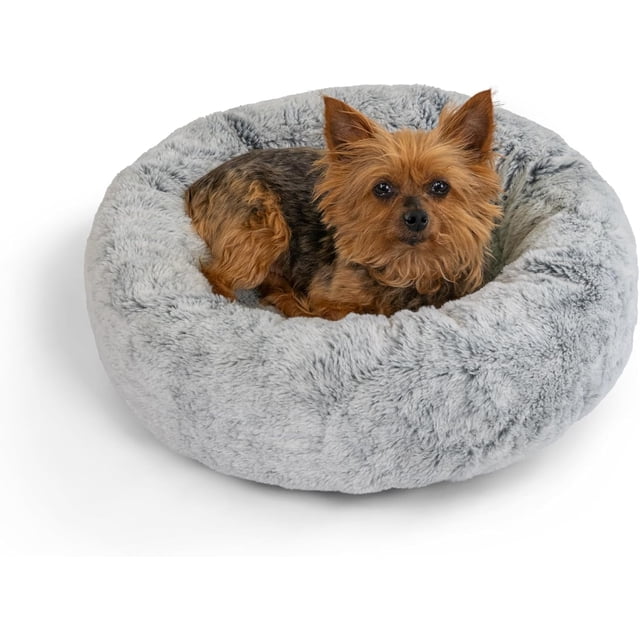 Faux Rabbit Fur Memory Foam Donut Bed for Dogs and Cats Grey x
