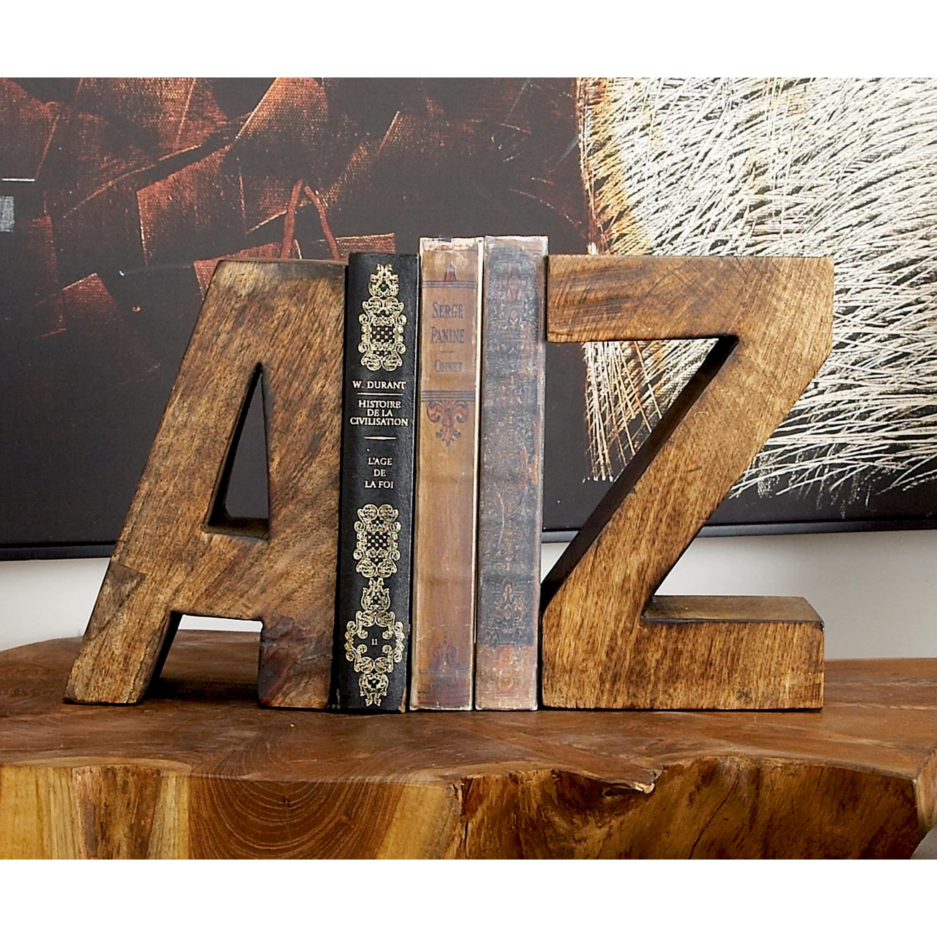 DecMode 5" A Z Dark Brown Mango Wood Bookends (Set of 2)