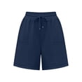 thumbnail image 4 of Women's Summer Cotton Linen Blend Solid Color Bermuda Shorts Elastic Waist Drawstring Side Pockets Casual Navy, 4 of 5