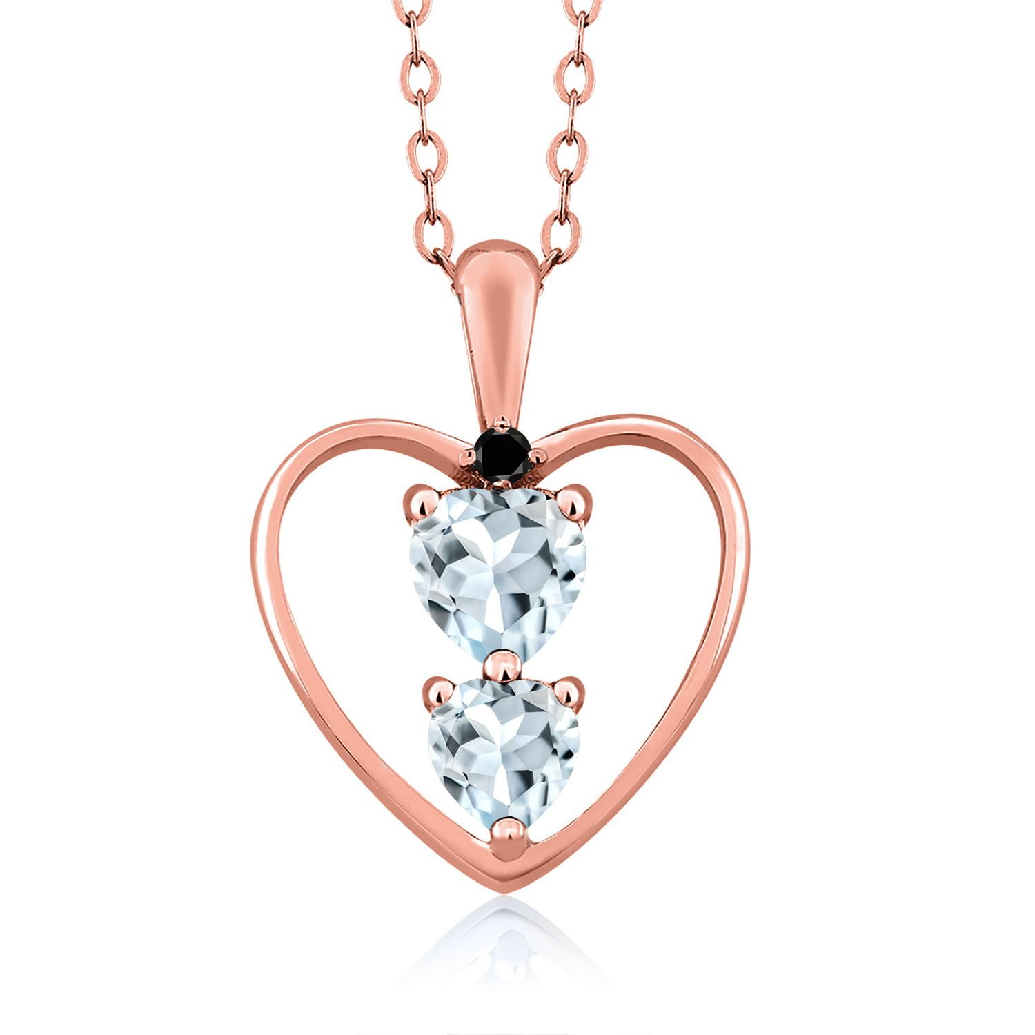 Gem Stone King 18K Rose Gold Plated Silver Sky Blue Aquamarine and Black Diamond Pendant Necklace for Women (0.67 Cttw, Gemstone March Birthstone, Heart 5MM and 4MM, with 18 inch Silver Chain)