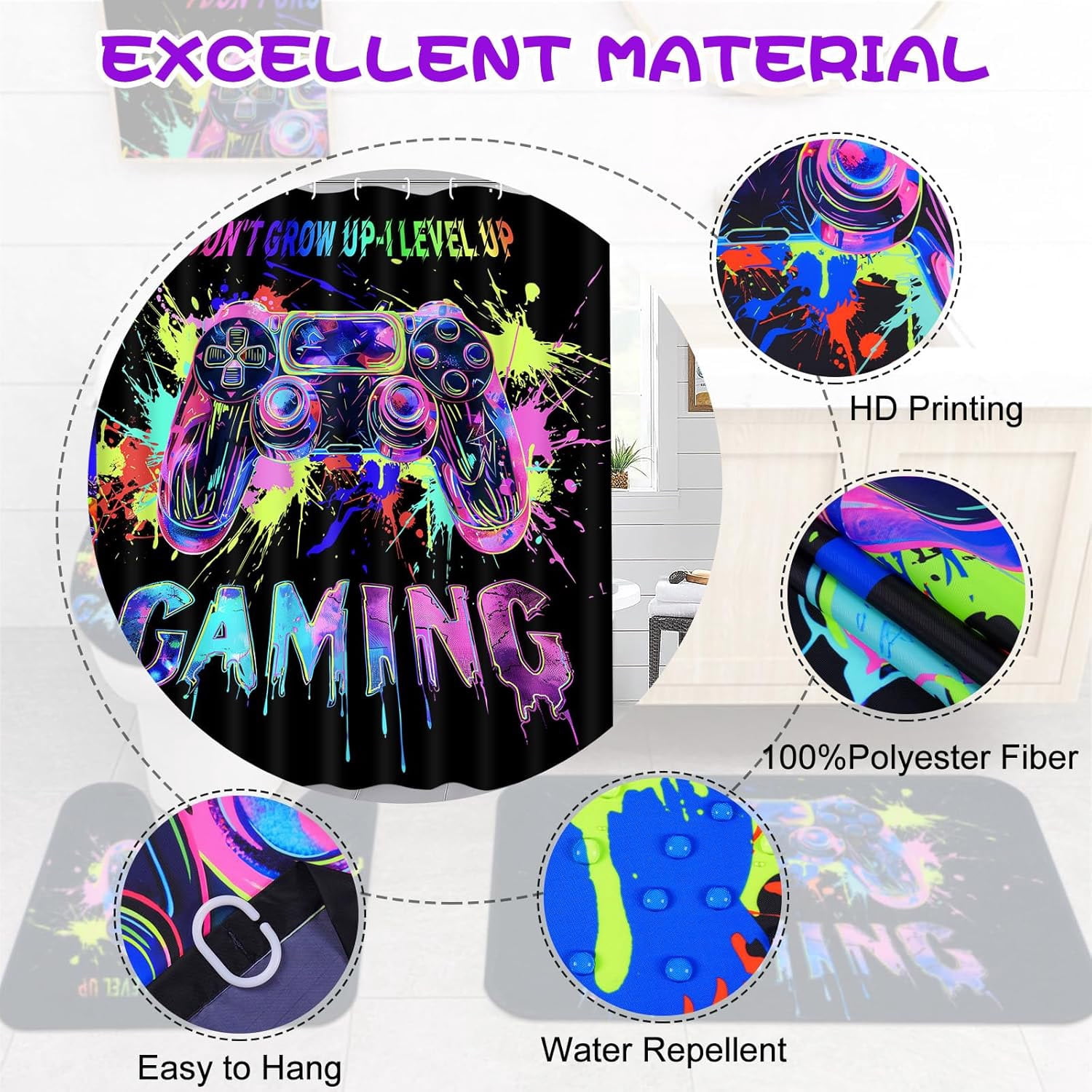 FRAMICS Blacklight Gaming Shower Curtain Sets with Rugs, 16 Pc Videogames Gamepad Bathroom Sets, Waterproof Fabric Bathroom Curtain Decor with Hooks for Boys Kids
