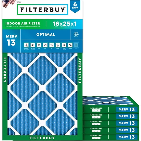 Filterbuy 16x25x1 MERV 13 Health Defense, Pleated HVAC AC Furnace Air Filters (6-Pack)