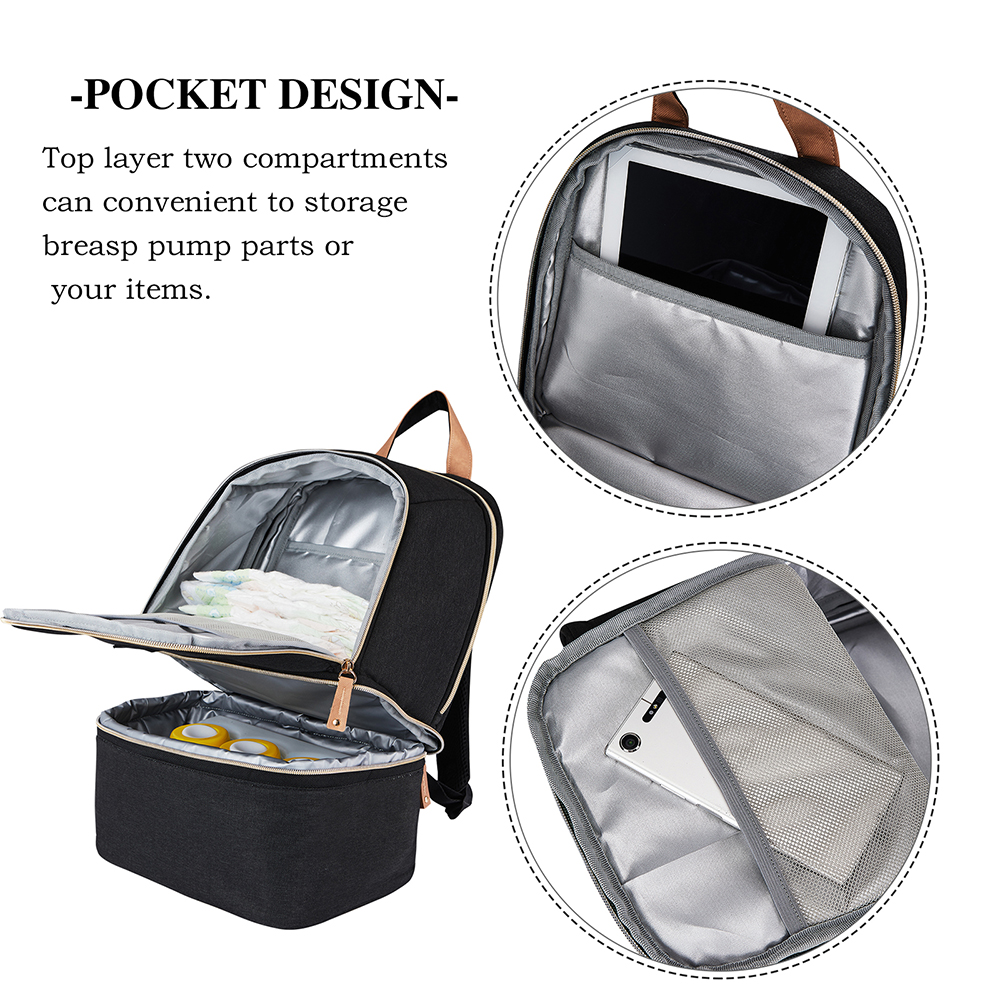 Breast Pump Bag Backpack - Cooler Lunch Bag Double Layer for Mother Large Size Black
