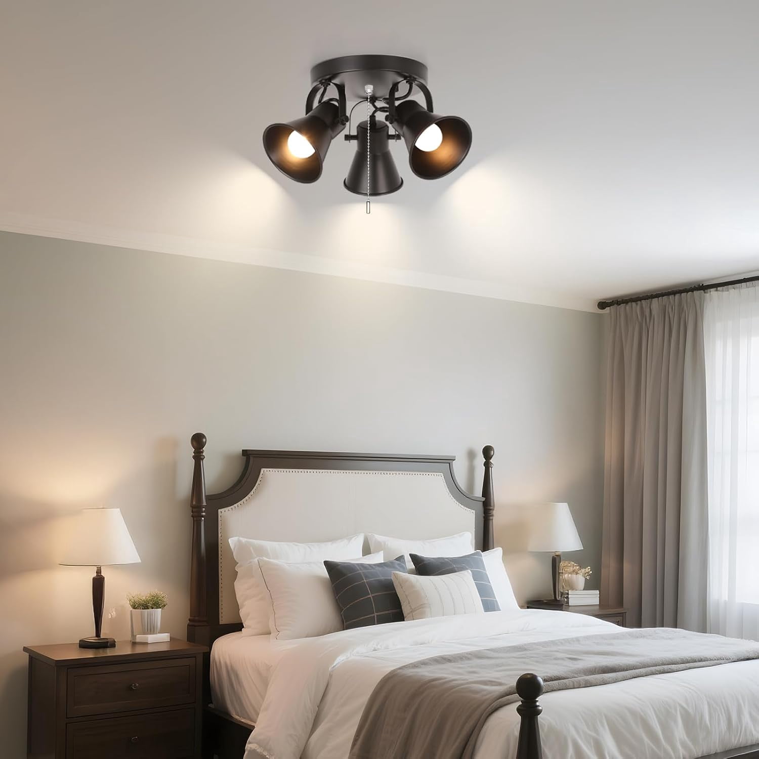 KEESFU 3-Light Track Lighting with Pull Chain, Adjustable Ceiling Spotlight with Extended Cord, Modern Industrial Flush Mount Light for Kitchen Garage Pantry