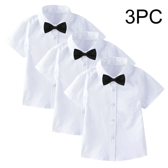 Cethrio Boys Cotton Dress Shirts Size 8, Short Sleeve Summer 3 Piece Collared Kids Button-down Shirts White Size 8
