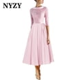 thumbnail image 2 of NYZY M345 elegante satén escote tazón hasta el té vestidos de noche color champán 2025 vestidos de fiesta de boda de cumpleaños, 2 of 5