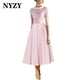 thumbnail image 2 of NYZY M345 elegante satén escote tazón hasta el té vestidos de noche color champán 2025 vestidos de fiesta de boda de cumpleaños, 2 of 5