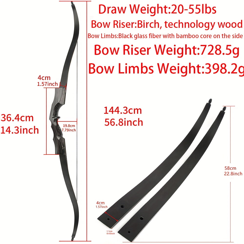 57 inch detachable recurve bow wooden 20-55 pound bow for outdoor archery, exquisite hunting bow set for right hand use