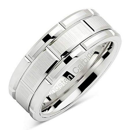 Tungsten Rings For Men Wedding Band White Gold Brick Pattern Rhodium Plated Sizes