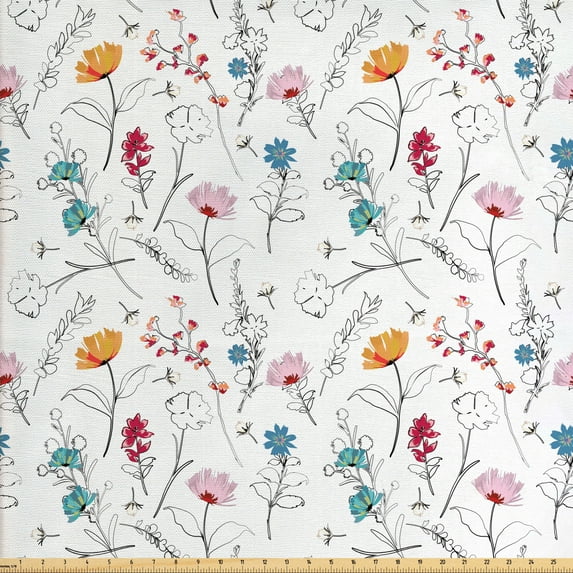 Botanical Sofa Upholstery Fabric by the Yard, Carnation Lily Summer Blooming Garden Petals Branches Anemone Pattern, Decorative Fabric for DIY and Home Accents, Multicolour by Ambesonne