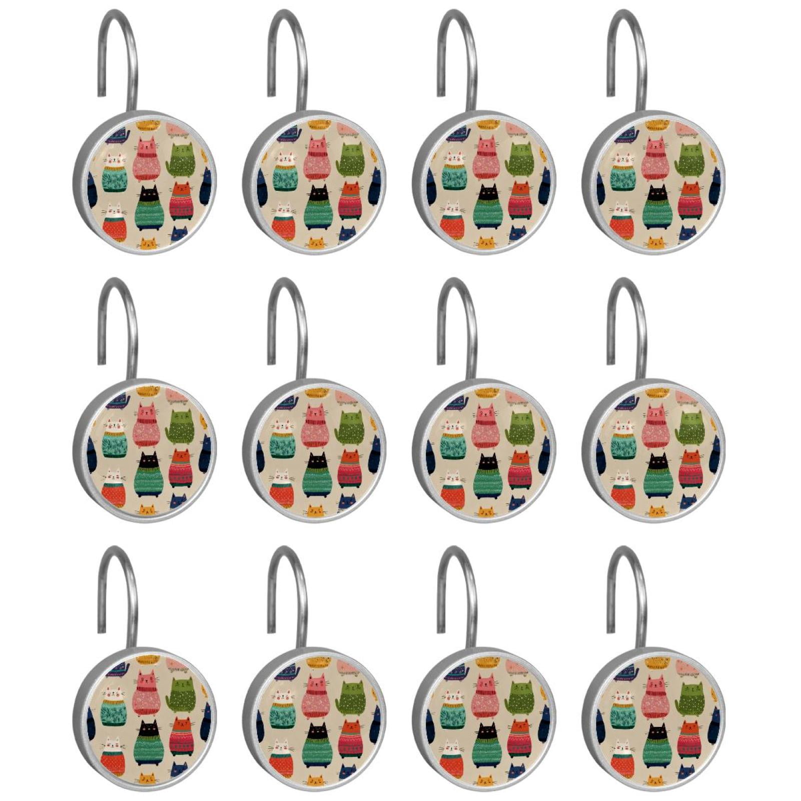 12pcs Decorative Shower Curtain Hooks, Rust Resistant Shower Rings for Bathroom Living Room,Rustproof Stainless Steel Rings for Shower Curtain and Liner Rods,Sweater Colorful Cat