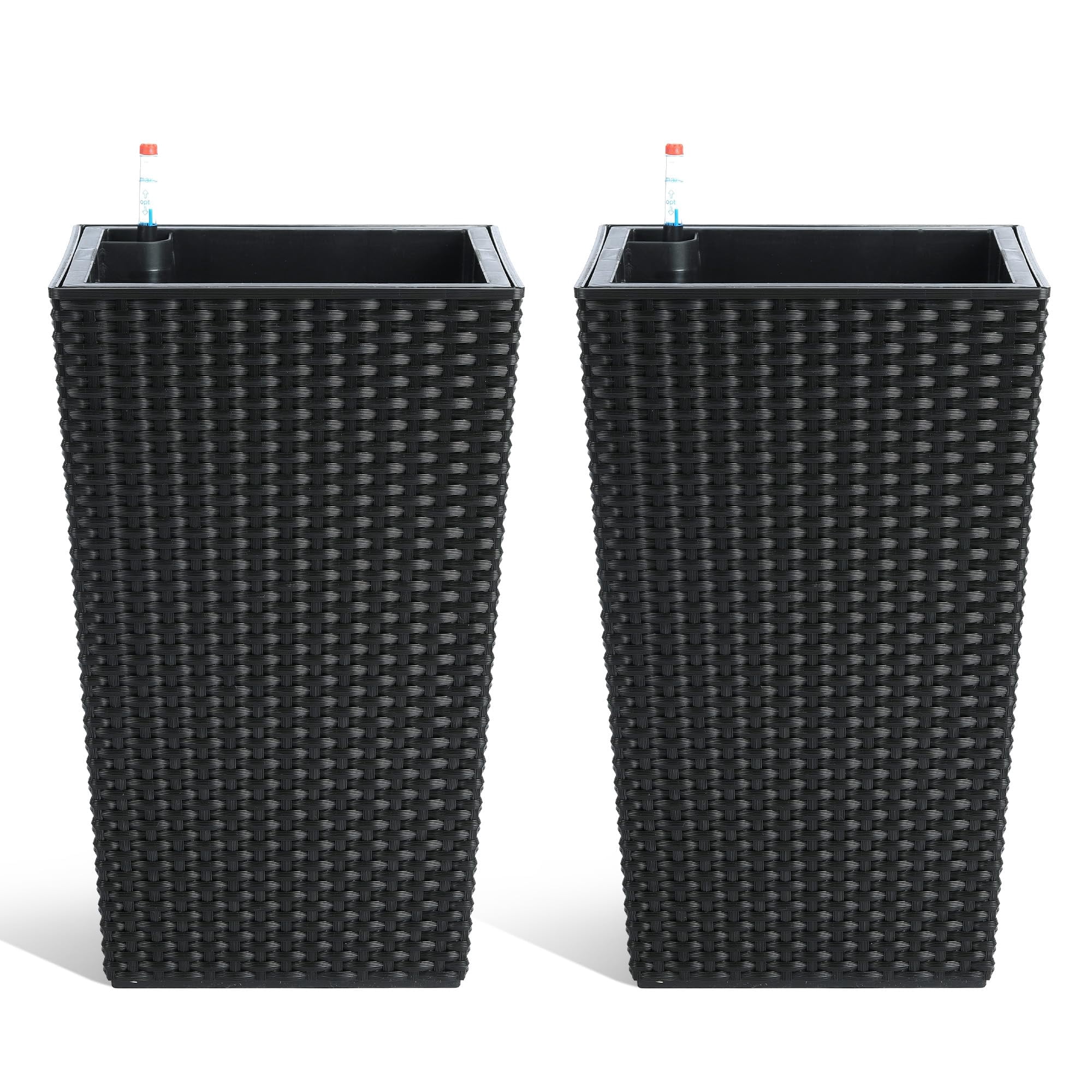 Tall Planters with Rattan Texture, Set of 2, Indoor/Outdoor Decorative Flower Pots with Water Level Monitor, Detachable Inner Pot & Drainage Holes for Large Plants, Trees, Patio, and Garden