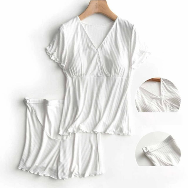 TIMIFIS Hauts de Maternité Femmes Enceintes Allaitement Couleur Col Rond Manches Courtes Col Rond Blouse d'Allaitement Shorts Ensemble Deux Pièces